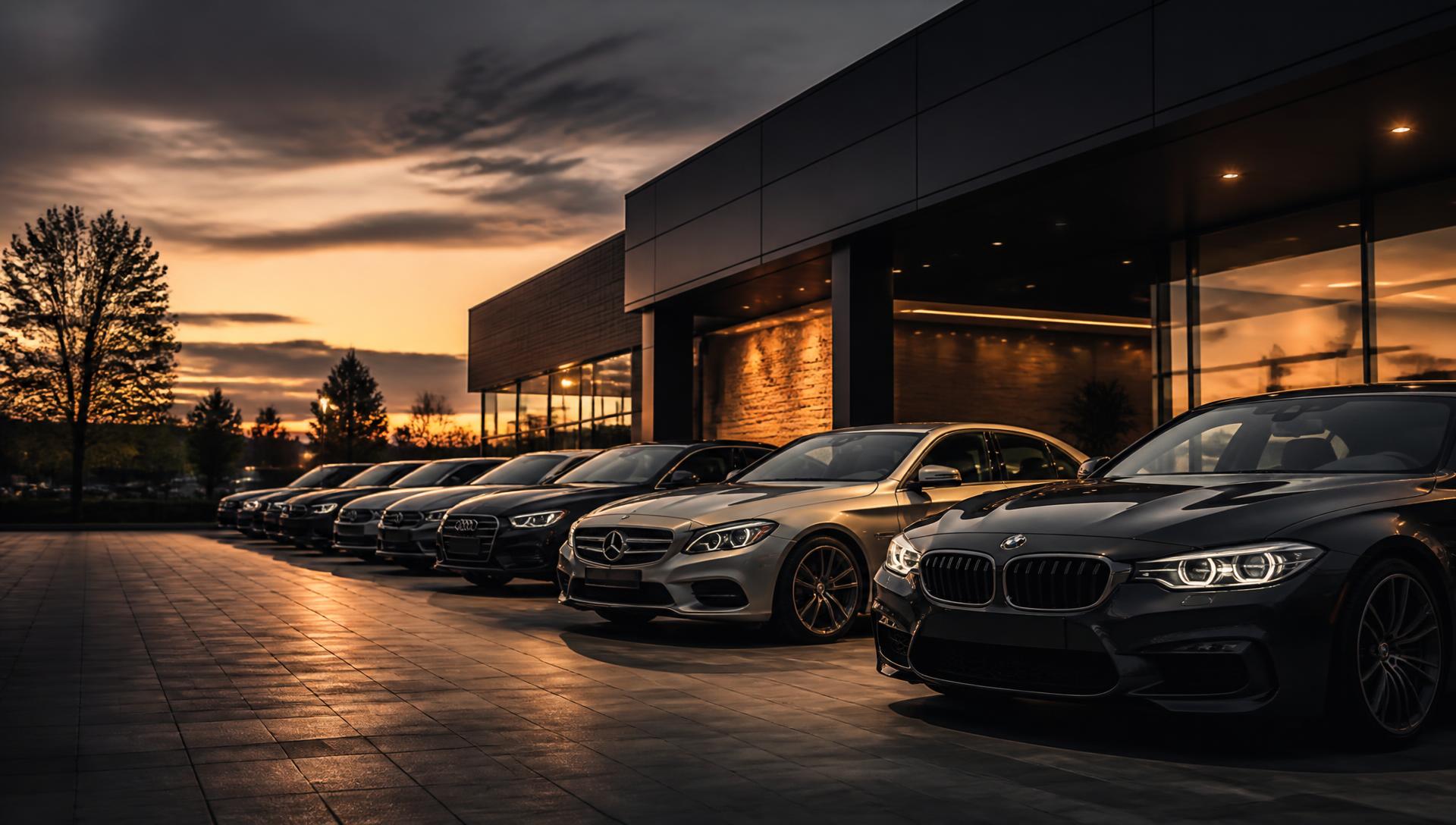 Row of premium cars on a dealer forecourt at dusk